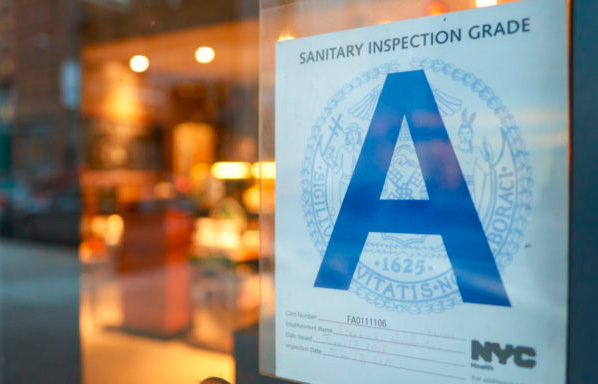 New York City restaurant inspection Grade A displayed on storefront glass